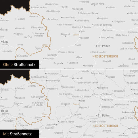 DACH-Karte Leinwand in Light Black wahlweise mit oder ohne Straßennetz