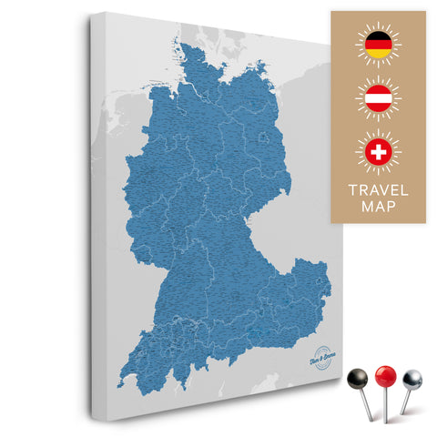 DACH-Landkarte in Blau als Pinnwand Leinwand zum Pinnen und Markieren von Reisezielen kaufen