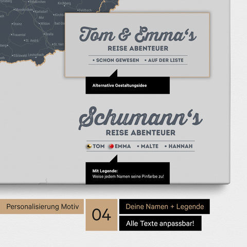 Pinnwand Leinwand einer DACH-Karte in Denim Blue mit Personalisierung als Logo mit Familiennamen