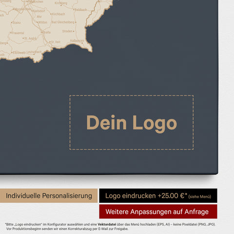 DACH-Karte als Pinn-Leinwand in Hale Navy (Dunkelblau-Gold) mit Eindruck eines Firmenlogos