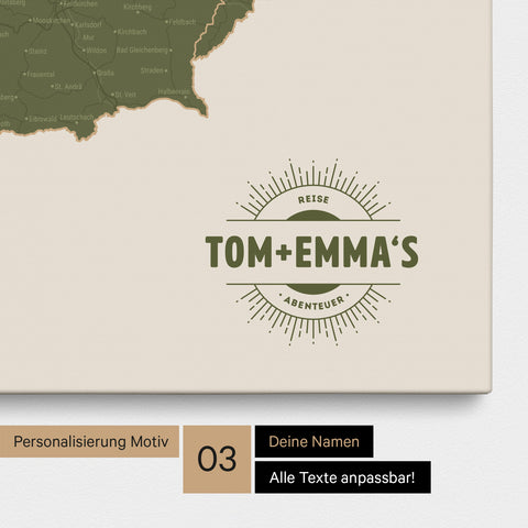 DACH-Karte als Pinn-Leinwand in Olive Green mit eingedruckten Namen als Logo in Form einer Sonne