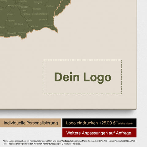 DACH-Karte als Pinn-Leinwand in Olive Green mit Eindruck eines Firmenlogos