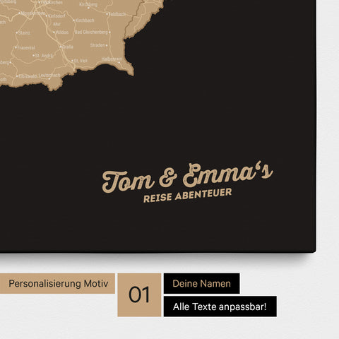 DACH-Karte als Pinnwand Leinwand in Sonar Black (Schwarz-Gold) mit Personalisierung und Eindruck mit deinem Namen