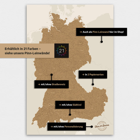 Verschiedene Konfigurationsmöglichkeiten für ein individuelles Poster einer DACH-Karte