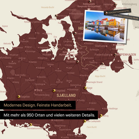 Detail of a Denmark map Push Pin Map in Bordeaux red showing destinations around Copenhagen marked with pins