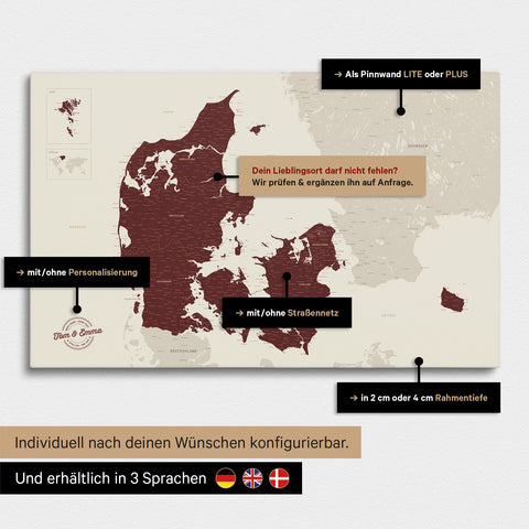 Diverse configuration options for a Denmark map as a Push Pin Map in Bordeaux red