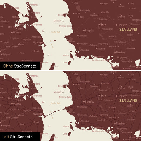 Denmark map Push Pin Map in Bordeaux red with an optional printed road network of motorways and country roads