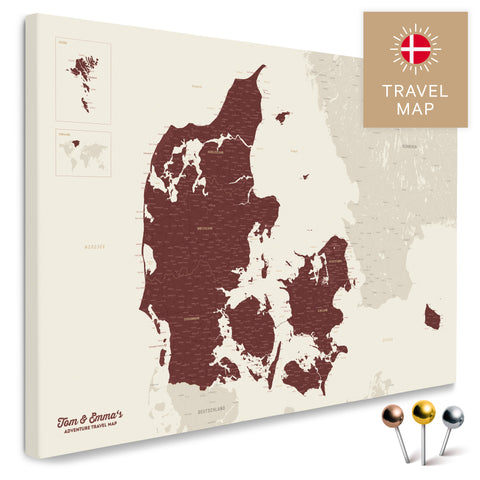 Buy a Bordeaux-red Denmark map Push Pin Map with a very high level of detail for marking places and destinations