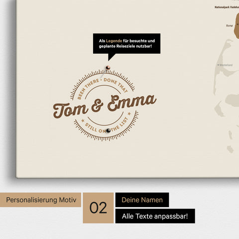 Personalized Denmark map as a bronze Push Pin Map with printed names and a legend for marking visited places