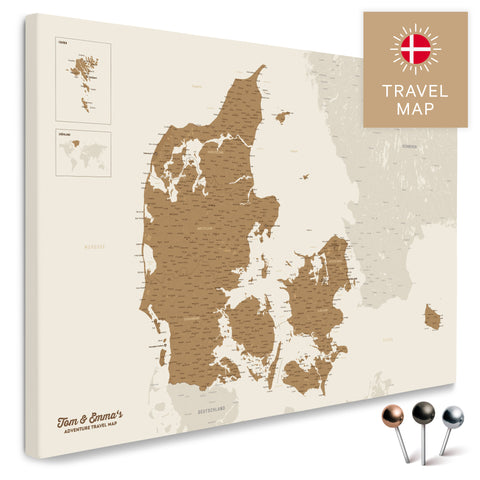 Buy a highly detailed bronze Denmark map Push Pin Map for marking locations and travel destinations