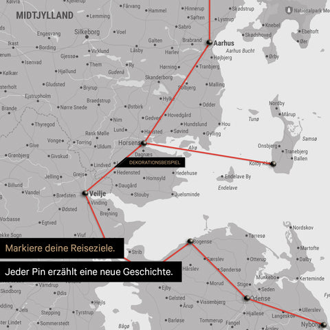 Detailed map of Denmark as a Coolgray-colored pinboard canvas, with travel destinations in Central Jutland marked with pins and a travel route shown with string