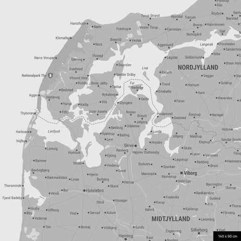 Close-up of a Denmark map Push Pin Map in Coolgray showing travel destinations around Copenhagen marked with pins