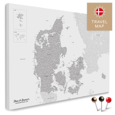 Buy a Denmark map on a Coolgray Push Pin Map with a very high level of detail for marking places and travel destinations