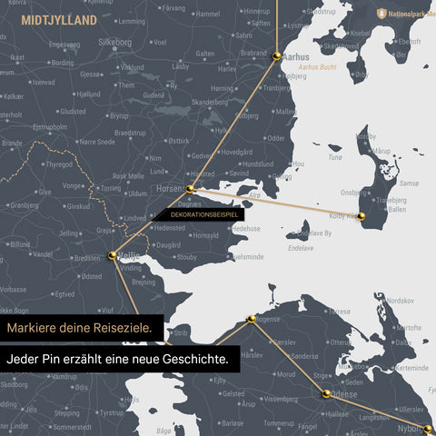 Detailed map of Denmark as a pinboard canvas in Denim Blue, with travel destinations in Central Jutland marked with pins and a travel route depicted with thread
