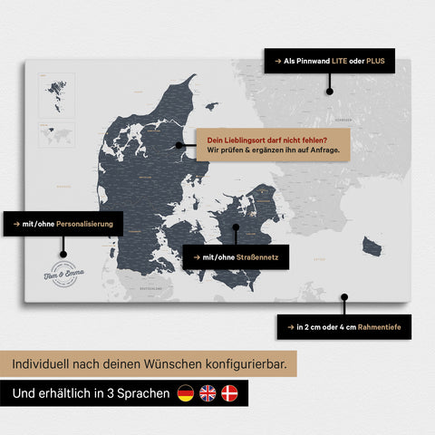 Diverse configuration options for a Denmark map as a Push Pin Map in Denim Blue