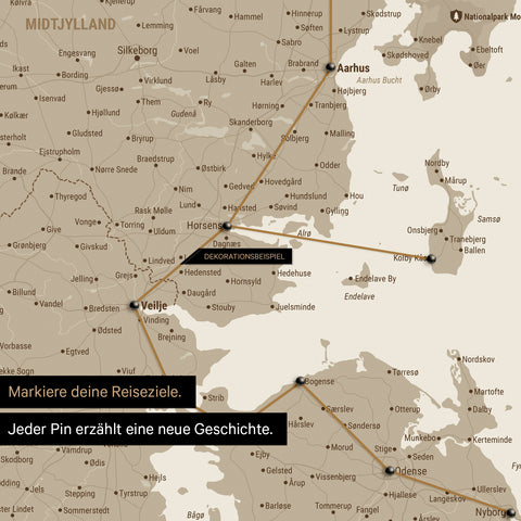 Detailed map of Denmark as a Desert Sand-colored pinboard canvas, with travel destinations in Central Jutland marked with pins and a travel route depicted with string