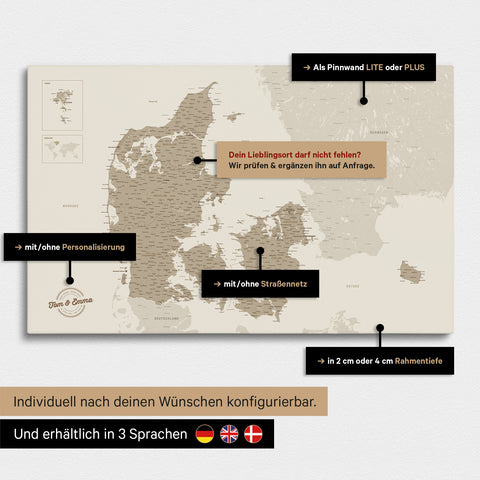 Diverse configuration options for a Denmark map as a Desert Sand Push Pin Map
