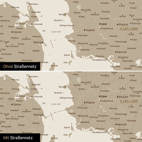 Denmark Map Push Pin Map in Desert Sand with optional printed road network of motorways and country roads