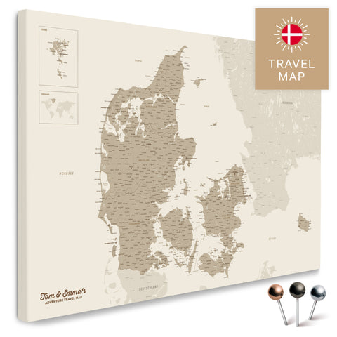 Buy a Denmark map in Desert Sand Push Pin Map canvas with a very high level of detail for marking places and travel destinations