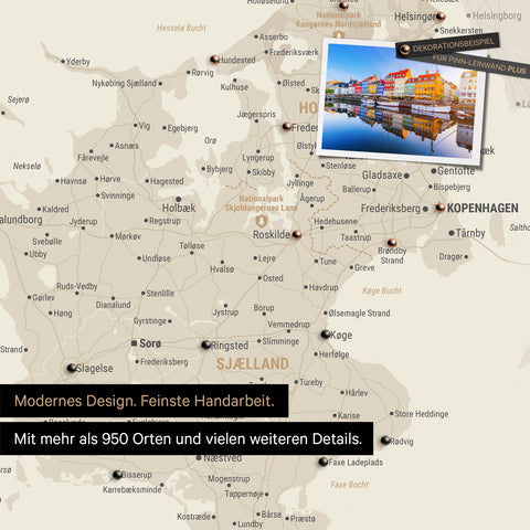Detail of a gold Denmark map Push Pin Map showing destinations around Copenhagen marked with pins