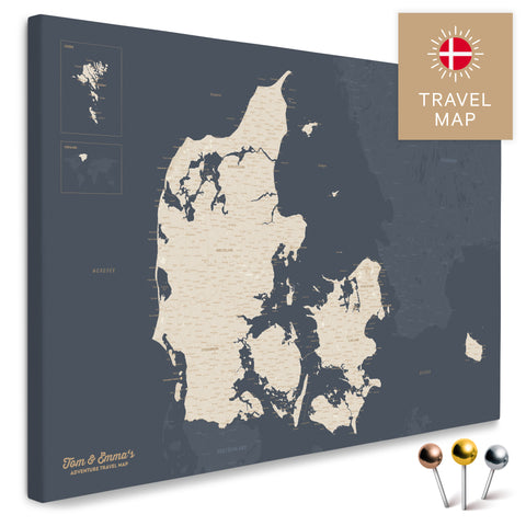 Buy a Denmark map in Hale Navy Push Pin Map canvas with a very high level of detail for marking places and destinations
