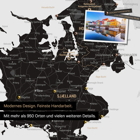 Detail of a Denmark map Push Pin Map in Light Black showing travel destinations around Copenhagen marked with pins