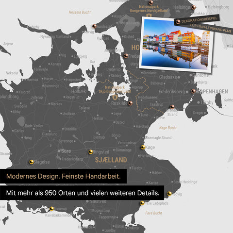 Close-up of a Denmark map Push Pin Map in Light Gray showing travel destinations around Copenhagen marked with pins