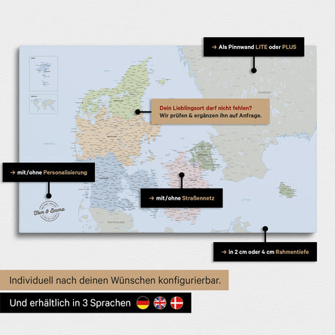 Diverse configuration options for a political map of Denmark as a Push Pin Map in Multicolor Atlas color