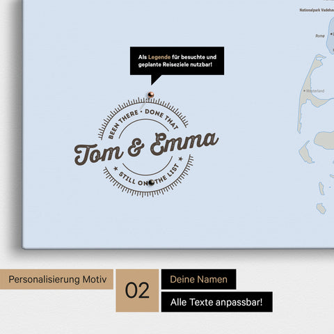 Personalized Denmark map as a Multicolor Atlas Push Pin Map with printed names and a legend for marking visited places