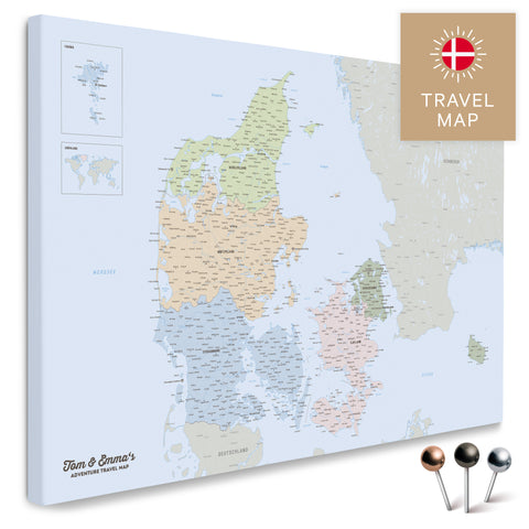 Buy the Political Map of Denmark in Multicolor Atlas Push Pin Map with a very high level of detail for marking places and travel destinations