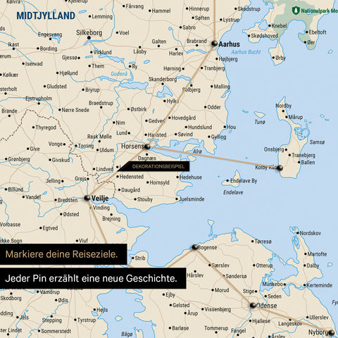 Detailed map of Denmark as a Multicolor Classic pinboard canvas, with travel destinations in Central Jutland marked with pins and a travel route depicted with yarn