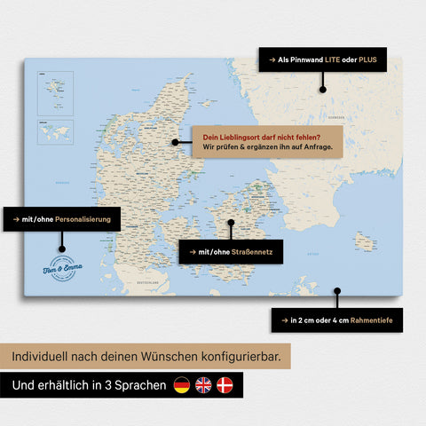 Diverse configuration options for a Denmark map as a Push Pin Map in the Multicolor Classic color scheme