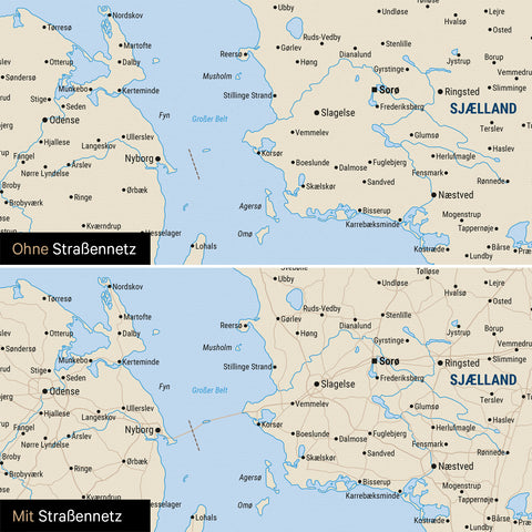 Denmark Map Push Pin Map in Multicolor Classic with optional printed road network of motorways and country roads