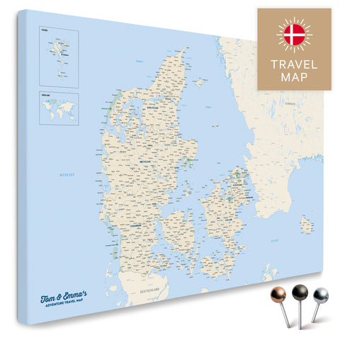 Buy a Denmark map on a Multicolor Classic Push Pin Map with a very high level of detail for marking places and travel destinations