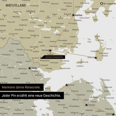 Detailed map of Denmark as a Multicolor Sage pinboard canvas, featuring travel destinations in Central Jutland marked with pins and a travel route depicted with yarn