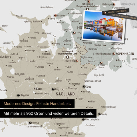 Detail of a Denmark map Push Pin Map in Multicolor Sage showing travel destinations around Copenhagen marked with pins