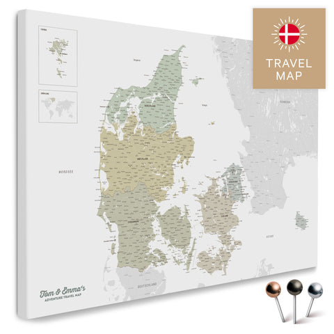 Buy a Denmark map on a Multicolor Sage Push Pin Map canvas with a very high level of detail for marking places and travel destinations