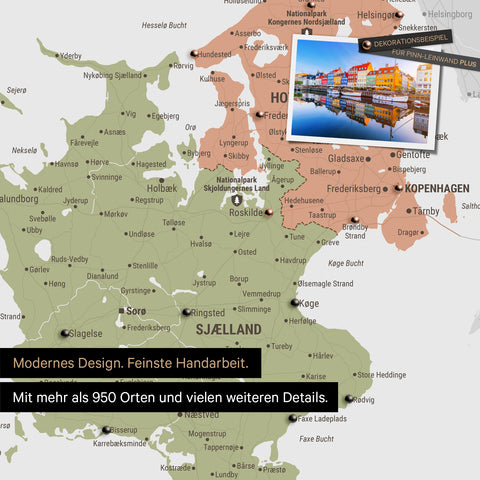 Detail of a Denmark map Push Pin Map in Multicolor Sienna showing travel destinations around Copenhagen marked with pins