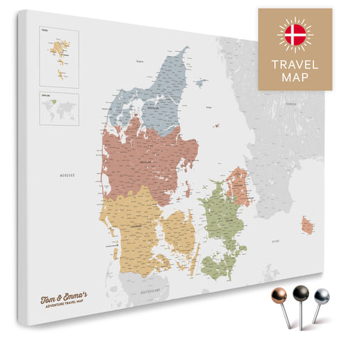 Buy a multicolor sienna Denmark map Push Pin Map with a very high level of detail for marking places and travel destinations