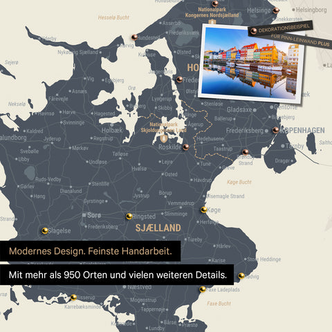 Detail of a Denmark map Push Pin Map in Navy Light showing travel destinations around Copenhagen marked with pins