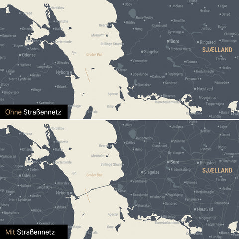 Denmark map Push Pin Map in Navy Light with optional printed road network of motorways and country roads