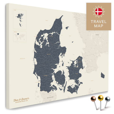 Buy a Denmark map in Navy Light Push Pin Map with a very high level of detail for marking places and travel destinations