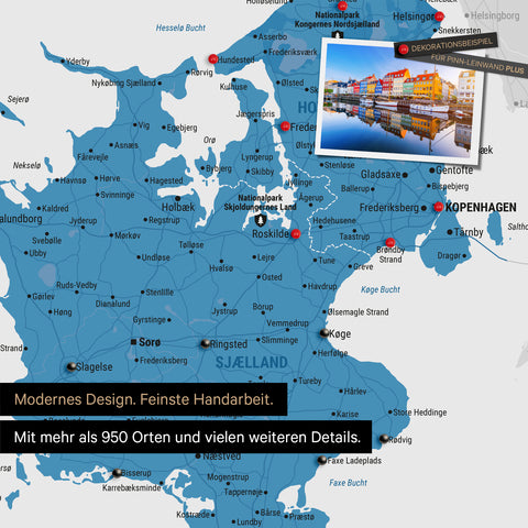 Detail of a blue Denmark map Push Pin Map showing travel destinations around Copenhagen marked with pins