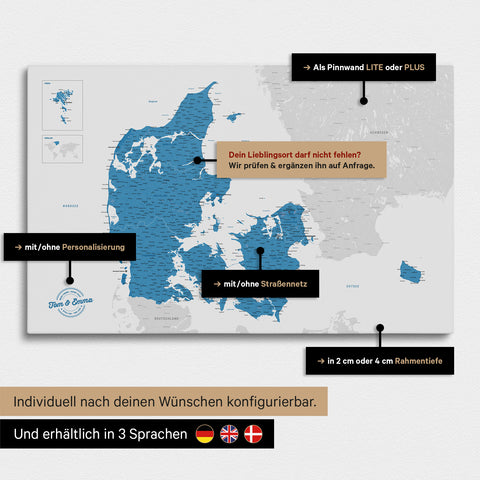 Diverse configuration options for a blue Denmark map as a Push Pin Map