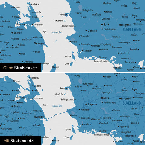 Denmark Map Push Pin Map in blue with optional printed road network of motorways and country roads