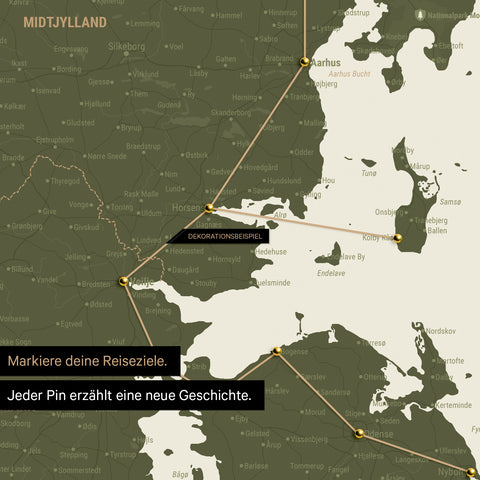 Detailed map of Denmark as a pinboard canvas in Olive Green, with travel destinations in Central Jutland marked with pins and a travel route depicted with string