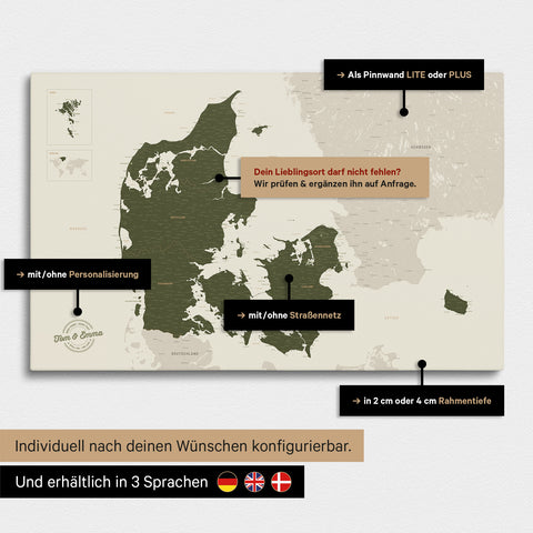 Diverse configuration options for a Denmark map as a Push Pin Map in Olive Green