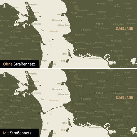 Denmark Map Push Pin Map in Olive Green with optional printed road network of motorways and country roads
