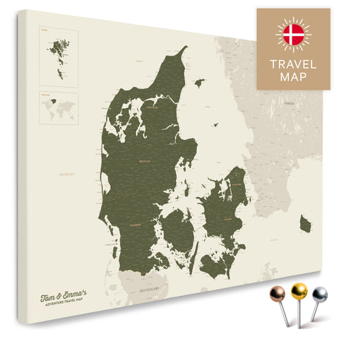 Buy a Denmark map in Olive Green Push Pin Map canvas with a very high level of detail for marking places and destinations