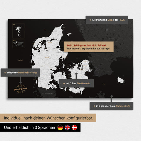 Diverse configuration options for a Denmark map as a black-and-white Push Pin Map